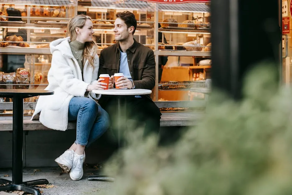 Pareja riendo en una cita con cafe, adecuada para un articulo sobre señales de atraccion.