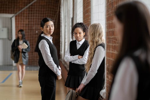 Teenage girls interacting in a school gym, highlighting social dynamics and diversity.